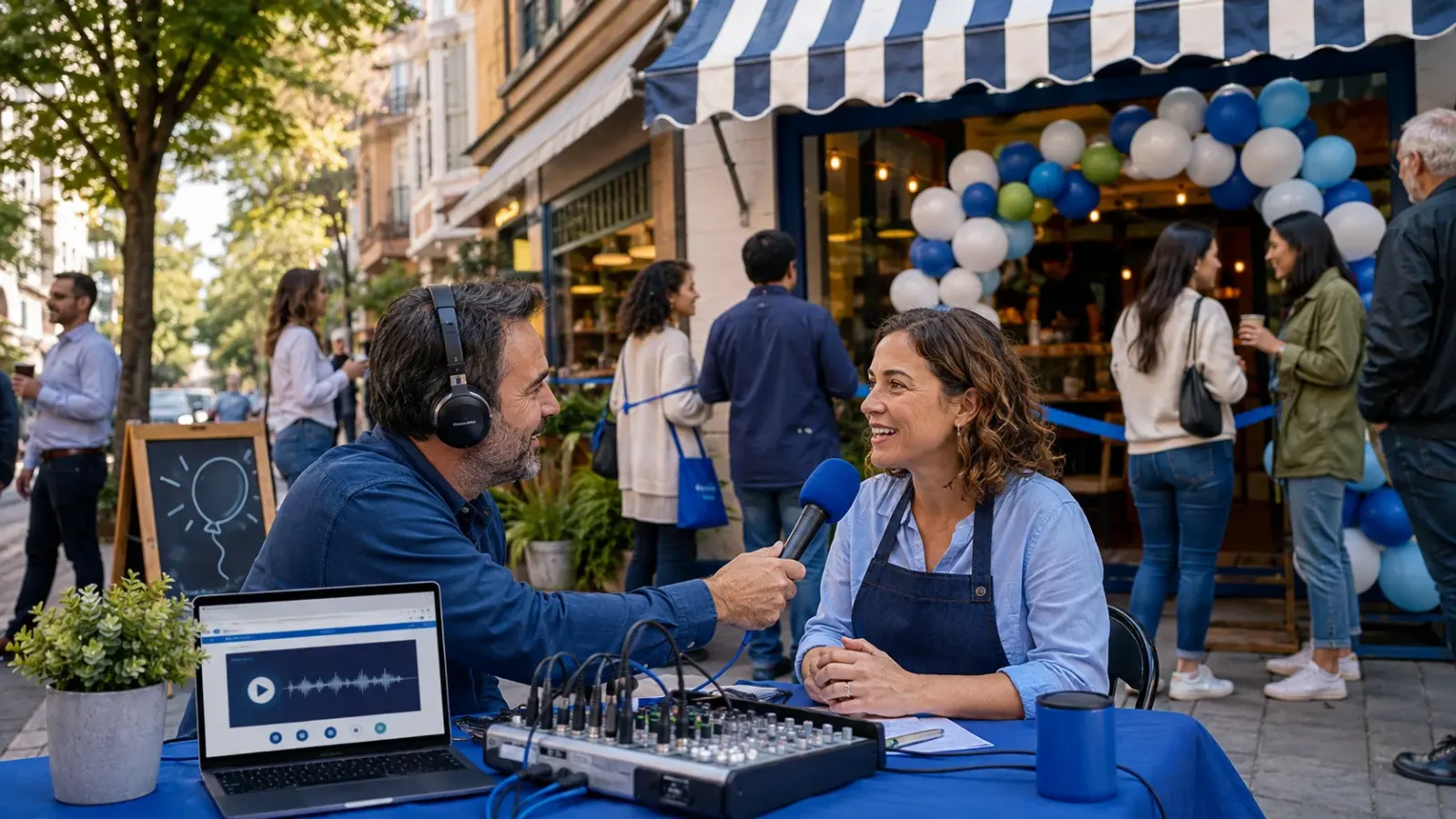 Radio local transmitiendo en vivo desde la apertura de un comercio